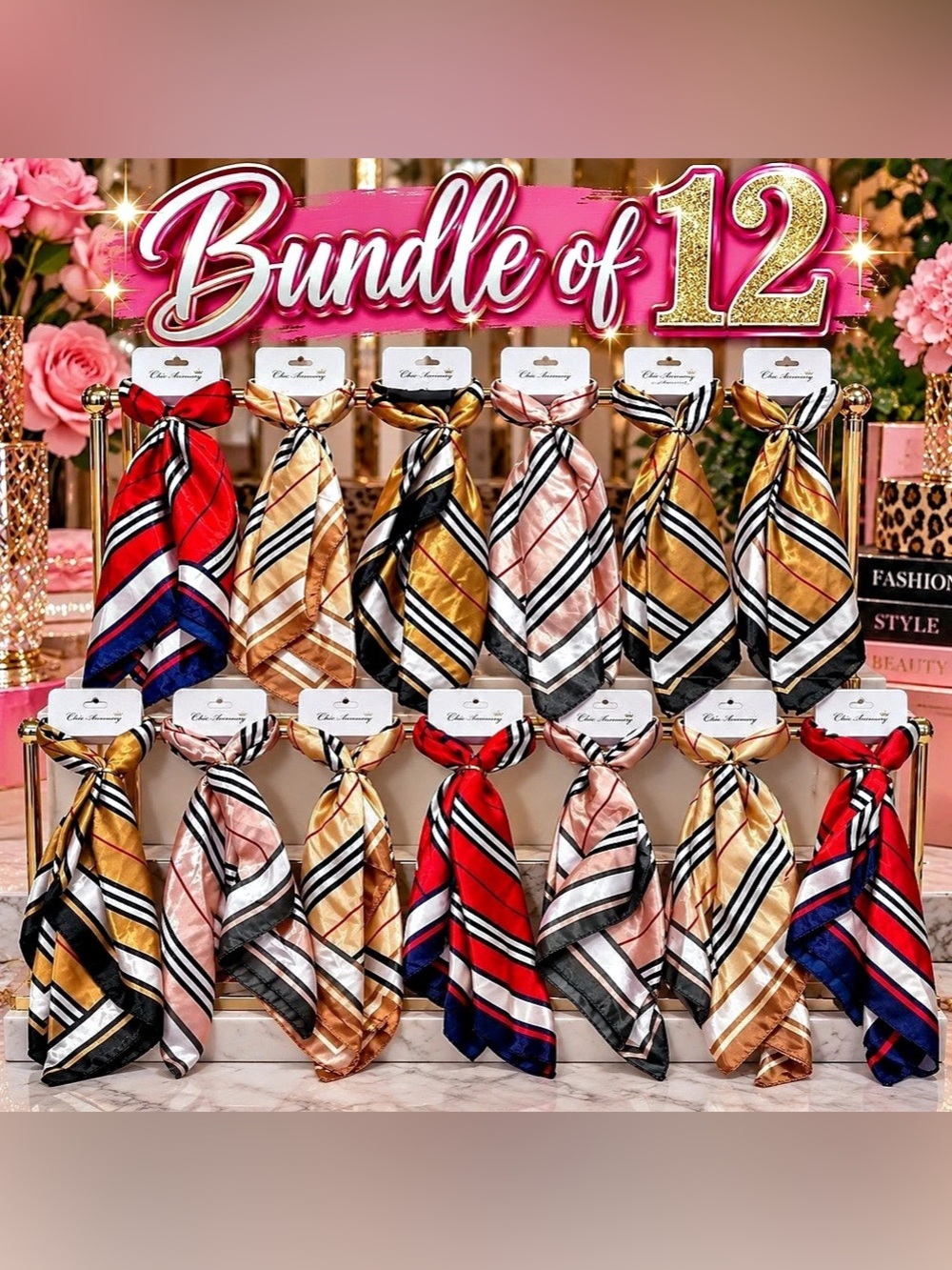 12-Piece purse/ hair or neck silk Scarf with Ring Bundle